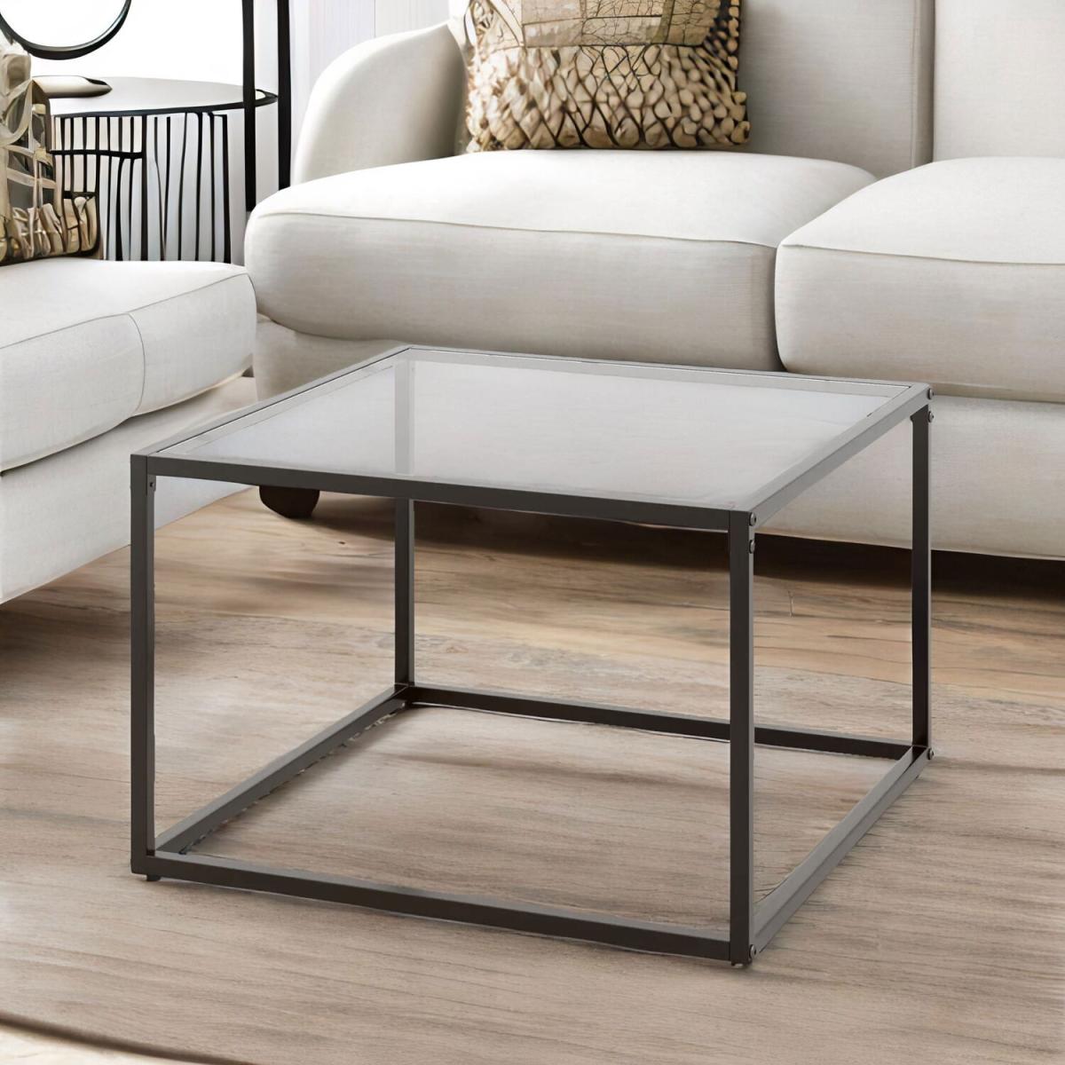 Square Glass Coffee Table With Metal Legs - Black