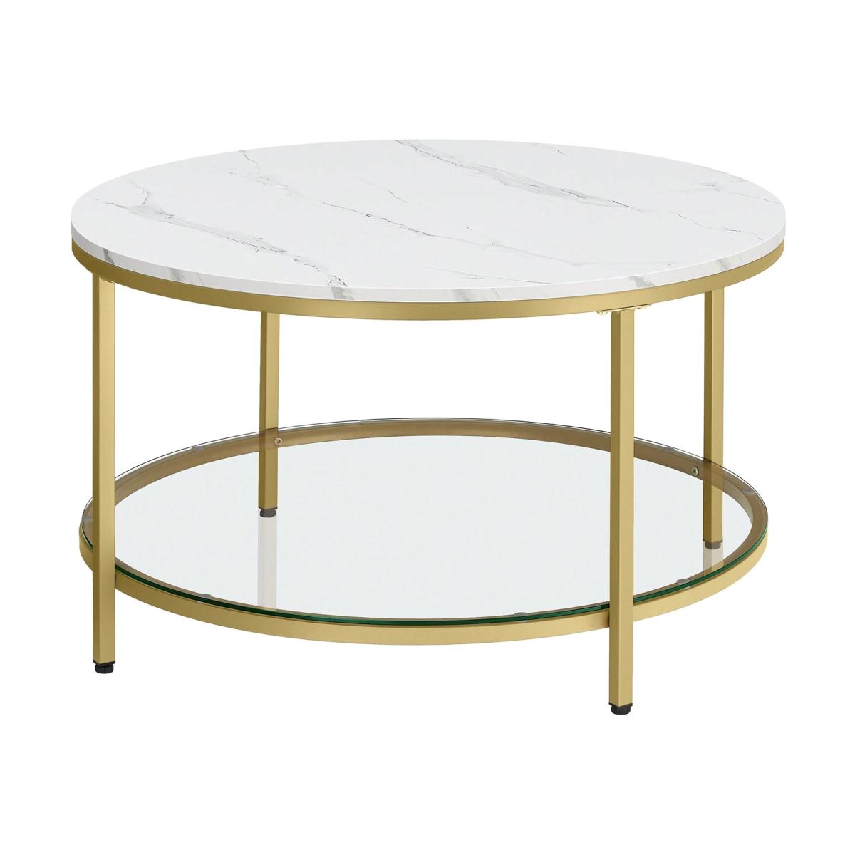 VASAGLE Round Coffee Table with Glass Shelf - White