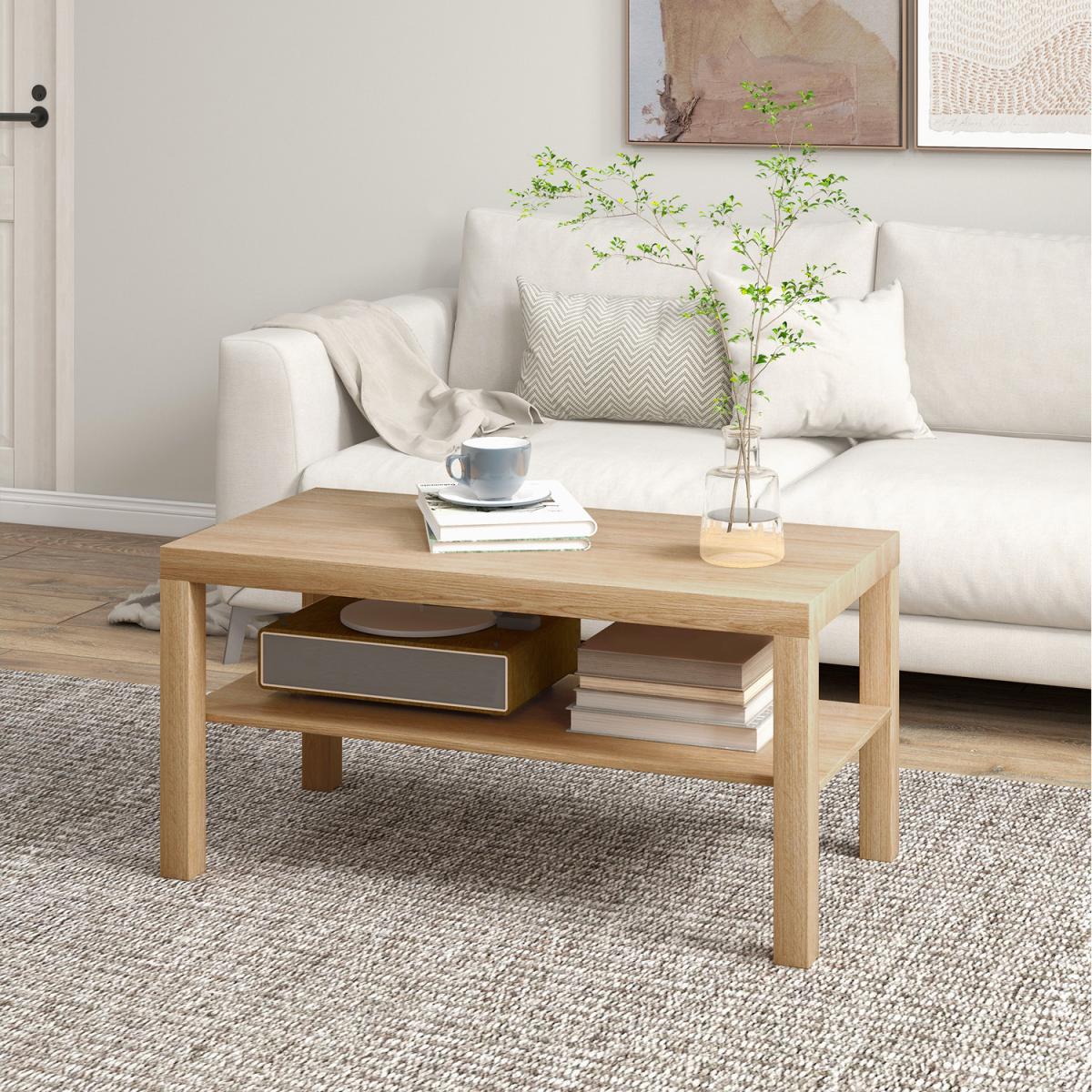 HOMCOM 2-Tier Coffee Table with Storage Shelf - Natural Wood Finish