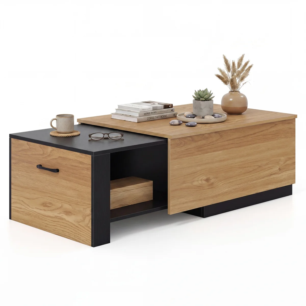 Wooden Rectangle Extendable Coffee Table with Sliding Tabletop - Brown – image 2