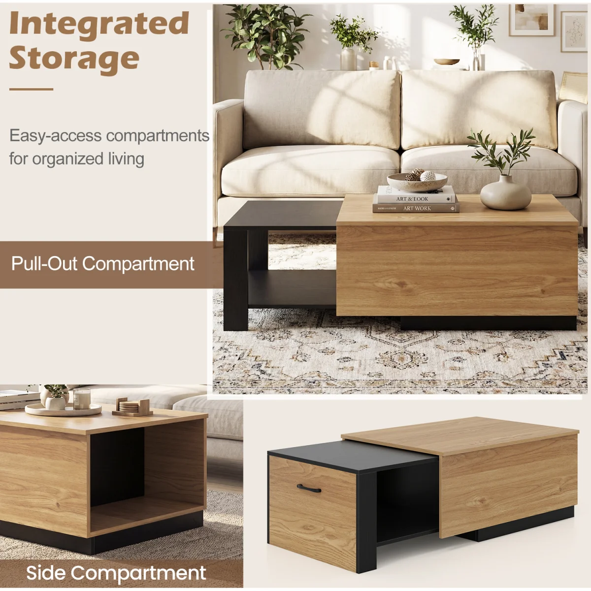 Wooden Rectangle Extendable Coffee Table with Sliding Tabletop - Brown – image 4