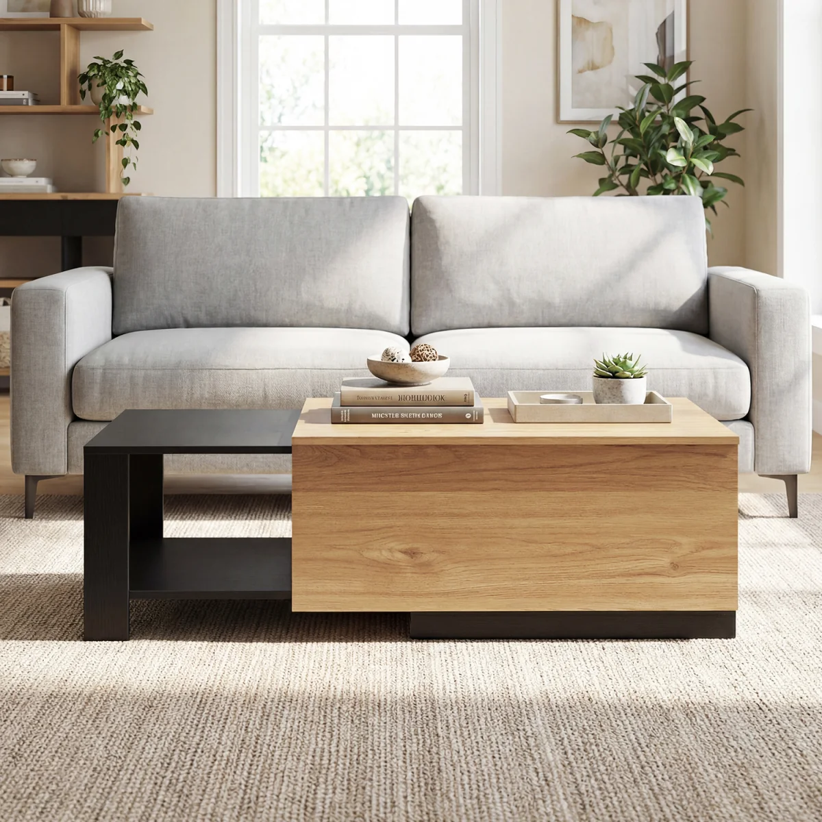 Wooden Rectangle Extendable Coffee Table with Sliding Tabletop - Brown – image 6