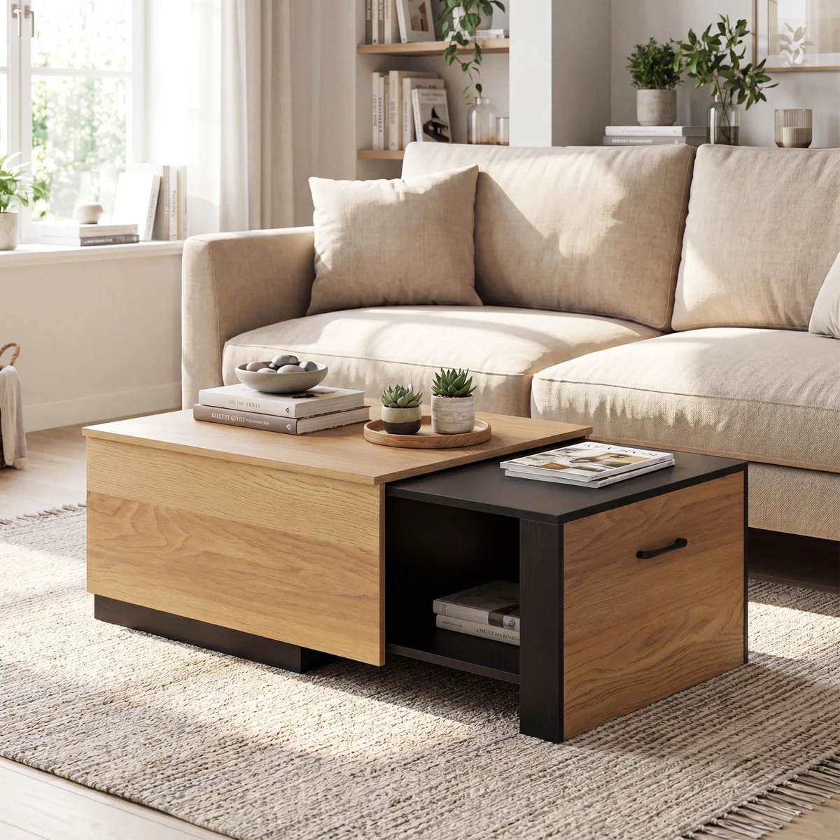 Wooden Rectangle Extendable Coffee Table with Sliding Tabletop - Brown – image 1