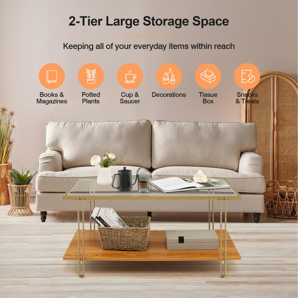 Costway 2 Tier Rectangular Coffee Table-Gold - Gold – image 2