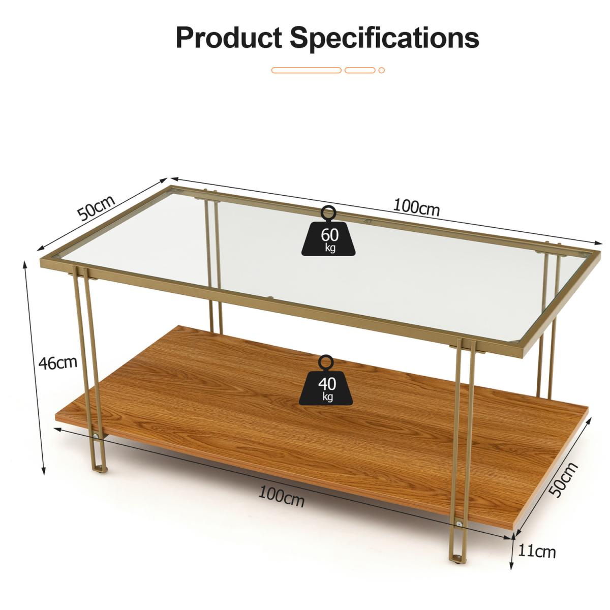 Costway 2 Tier Rectangular Coffee Table-Gold - Gold – image 3