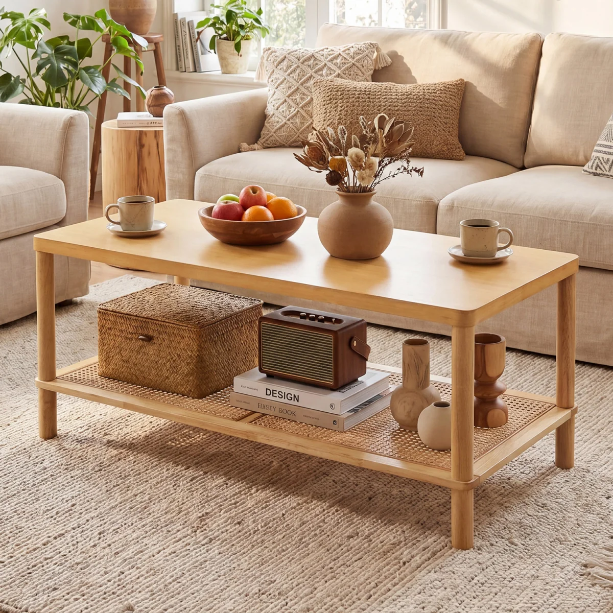 2 Tier Rectangular Boho Coffee Table with Rubber Wood Frame - Brown – image 2