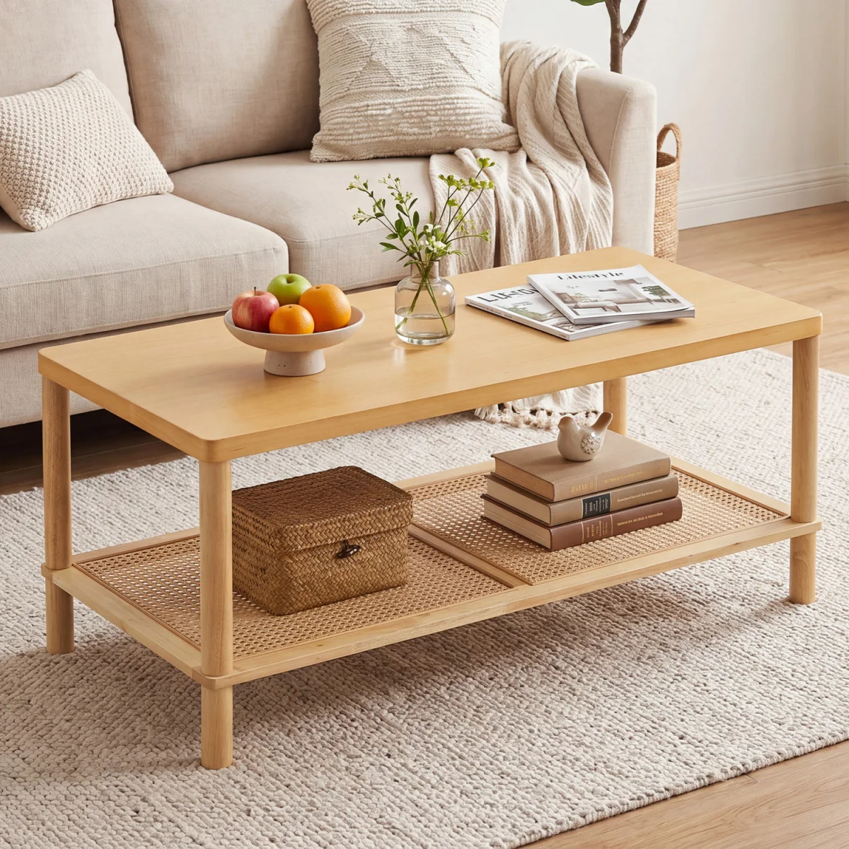 2 Tier Rectangular Boho Coffee Table with Rubber Wood Frame - Brown – image 4