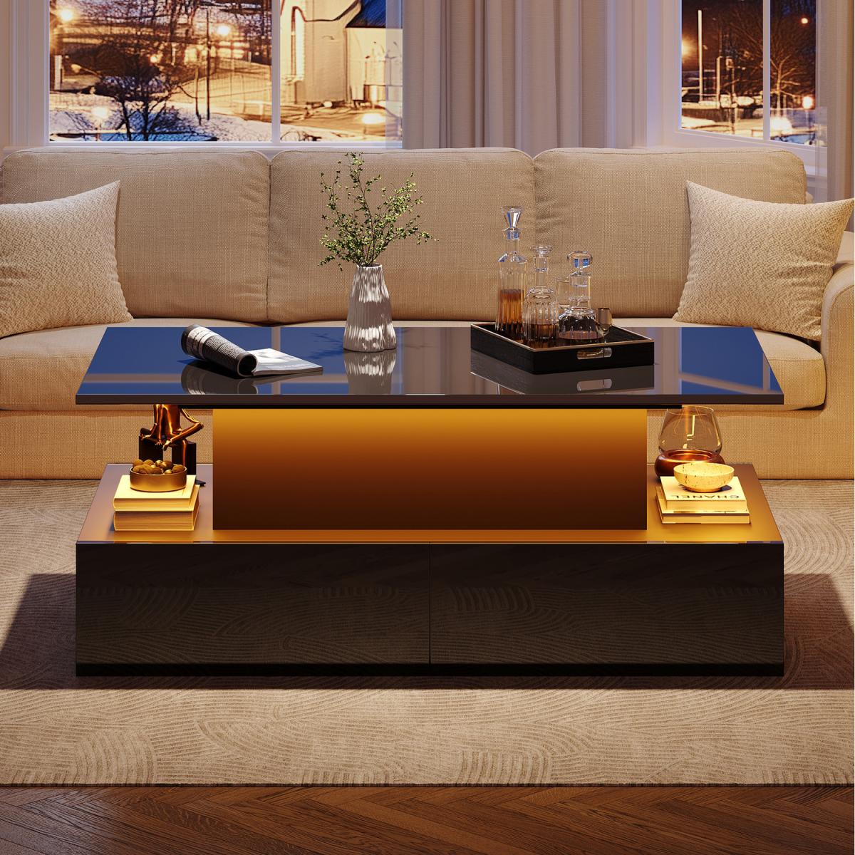 NECHE LED High Gloss Coffee Table with 4 Drawers - black