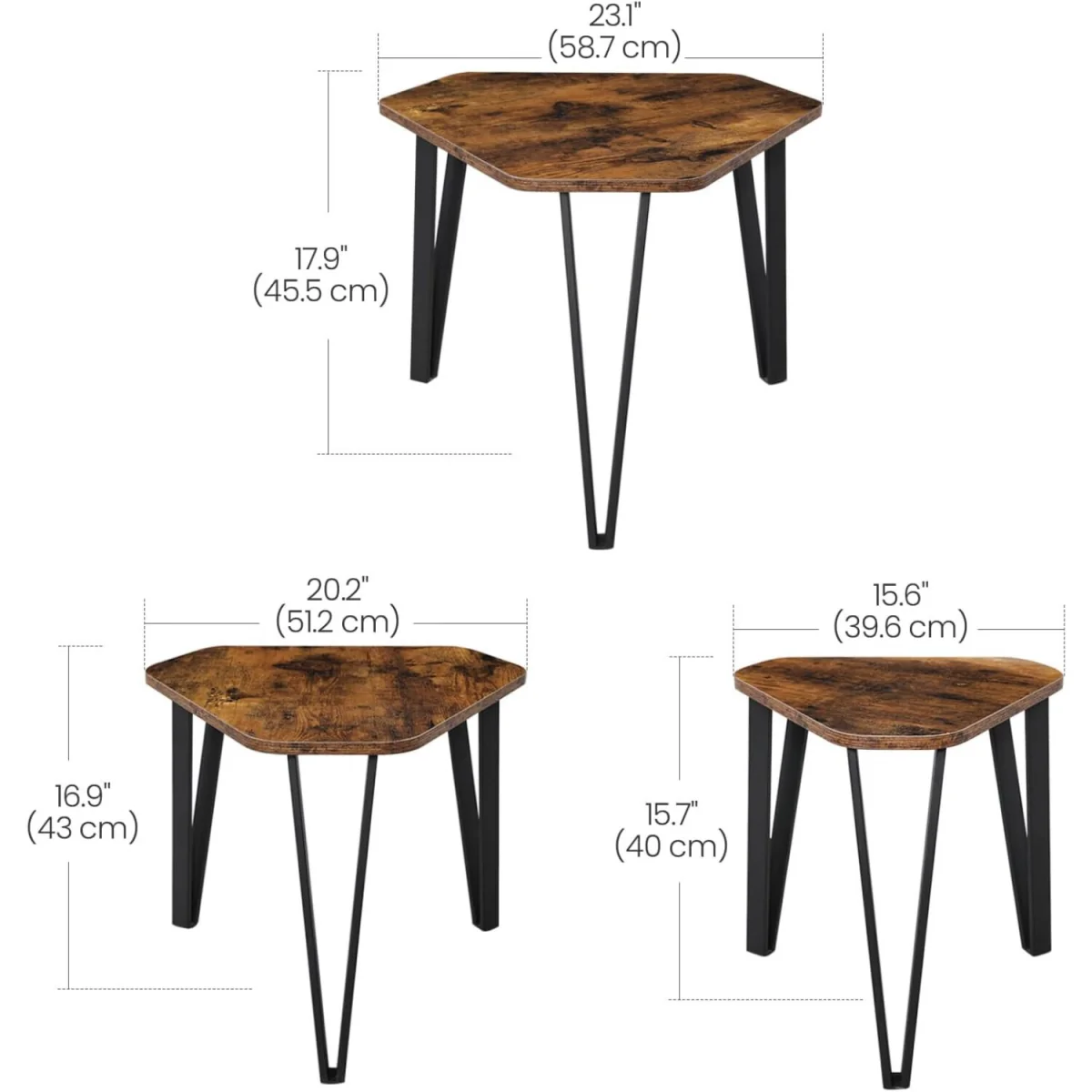 Set of 3 Industrial Nesting Coffee Tables, Stacking Side Table Set for Living Room - Rustic Brown and Black – image 2