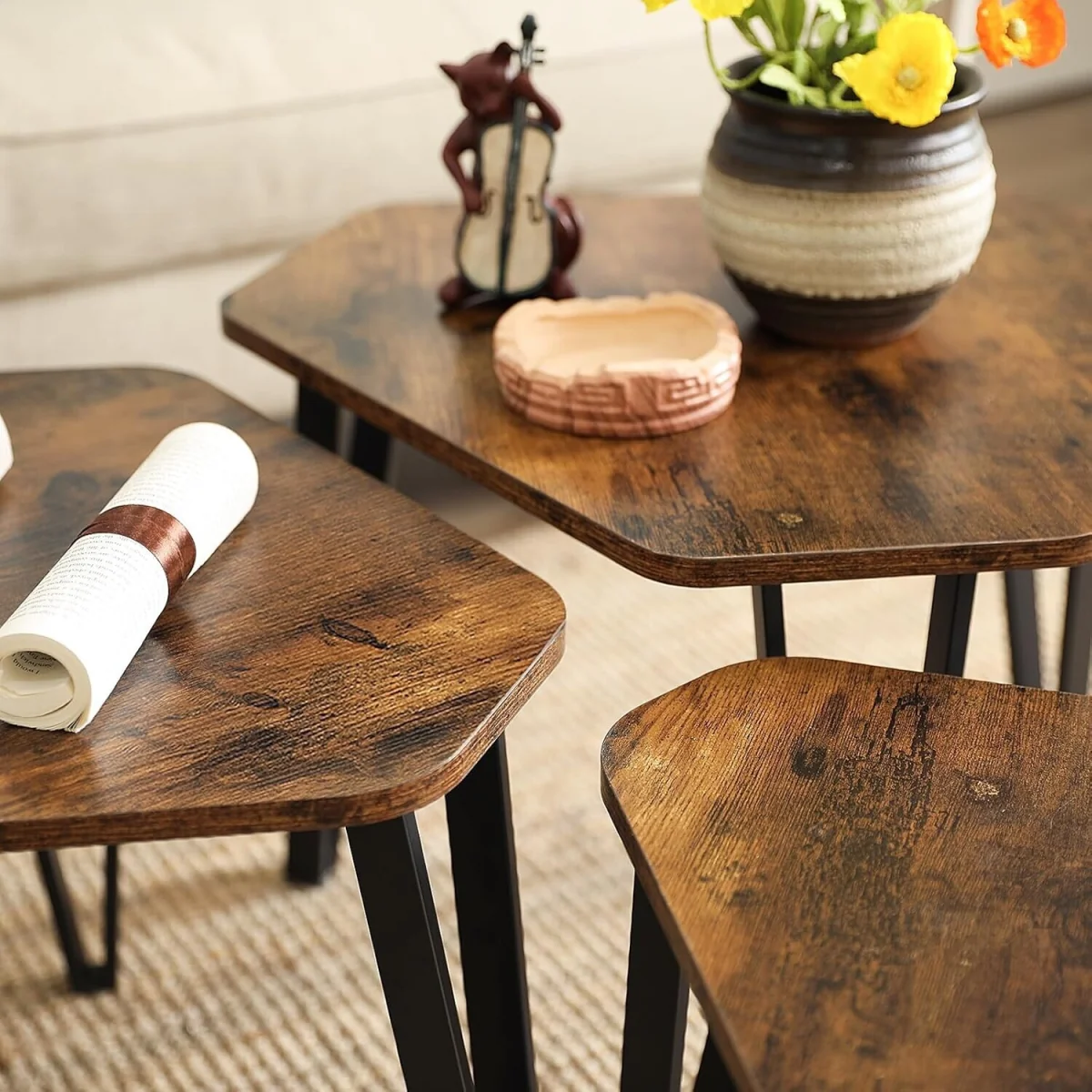 Set of 3 Industrial Nesting Coffee Tables, Stacking Side Table Set for Living Room - Rustic Brown and Black – image 4