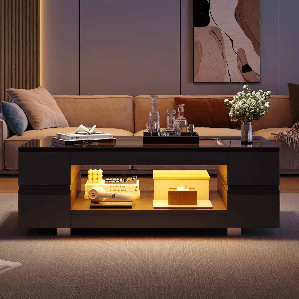 Hollow Coffee Table with Open Storage, LED Lights and Glass Top - Black – image 2