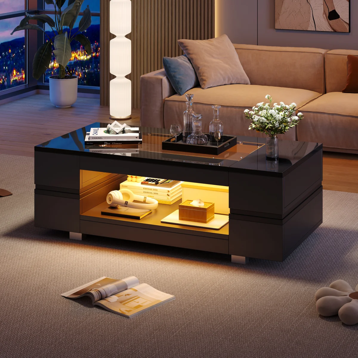 Hollow Coffee Table with Open Storage, LED Lights and Glass Top - Black – image 3