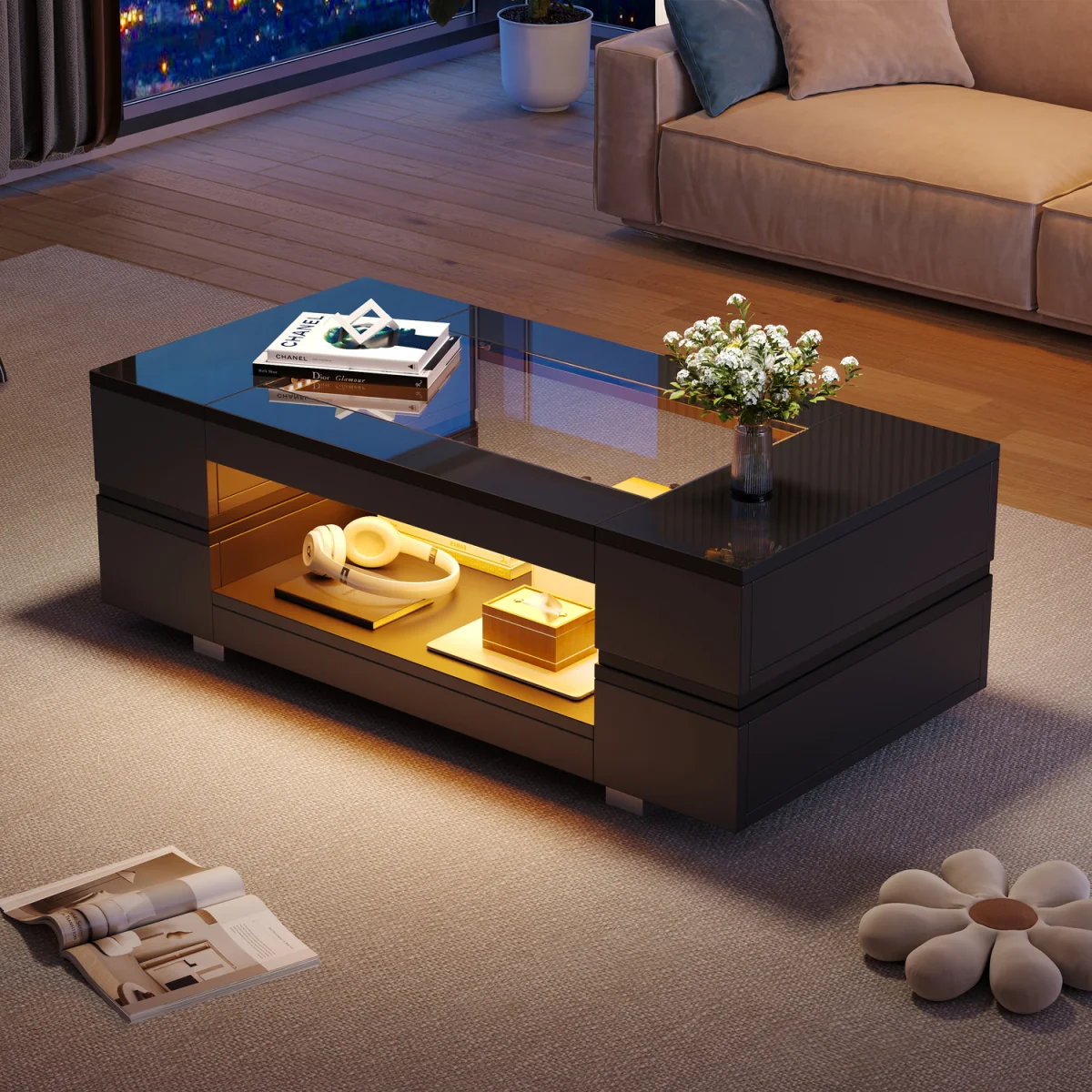 Hollow Coffee Table with Open Storage, LED Lights and Glass Top - Black – image 4