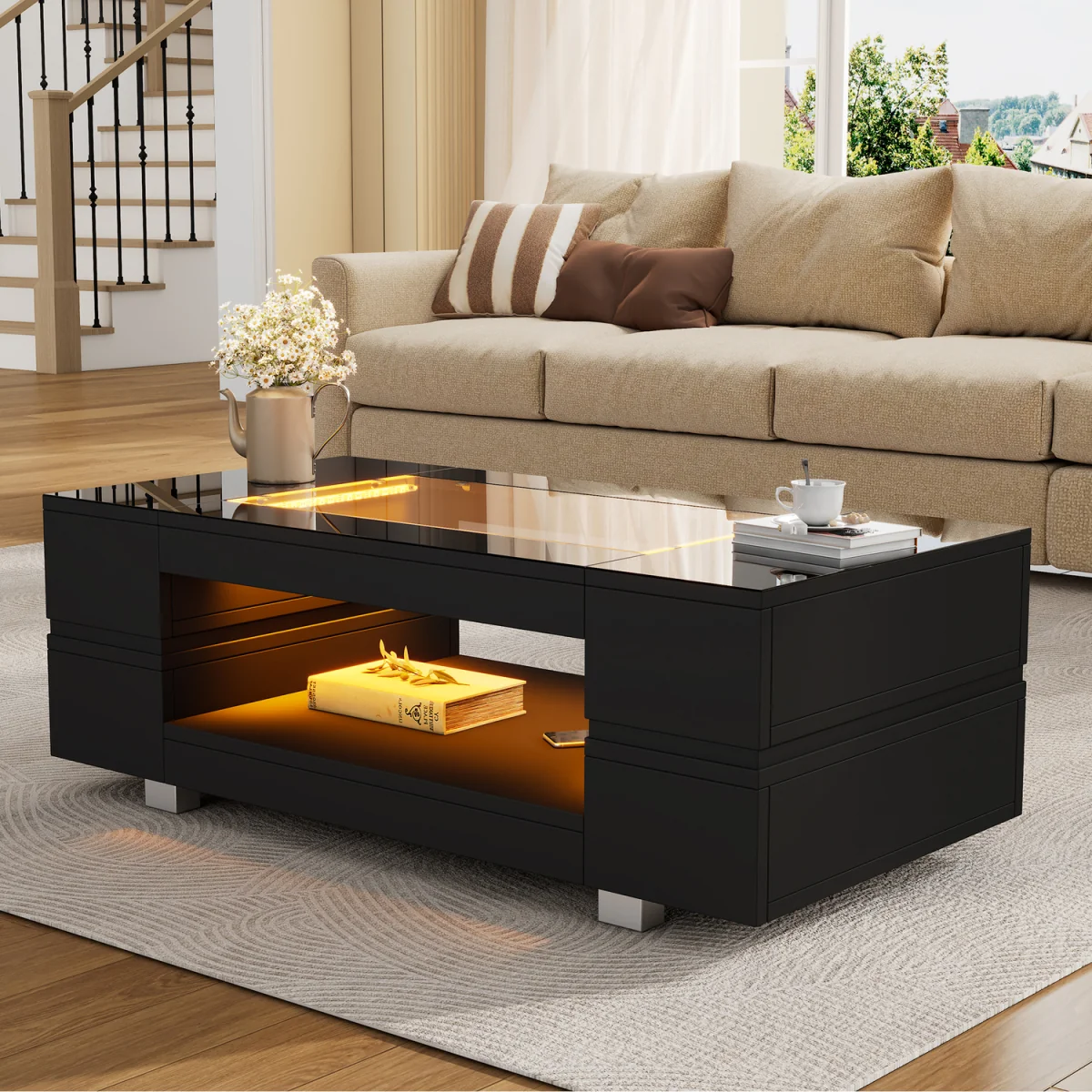 Hollow Coffee Table with Open Storage, LED Lights and Glass Top - Black – image 5
