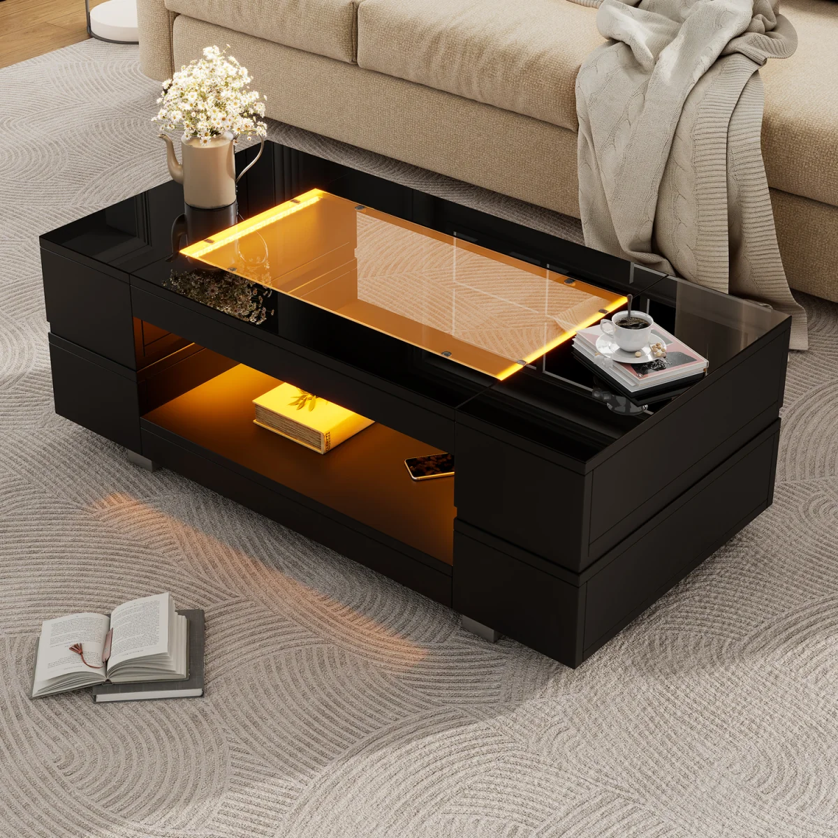 Hollow Coffee Table with Open Storage, LED Lights and Glass Top - Black – image 6