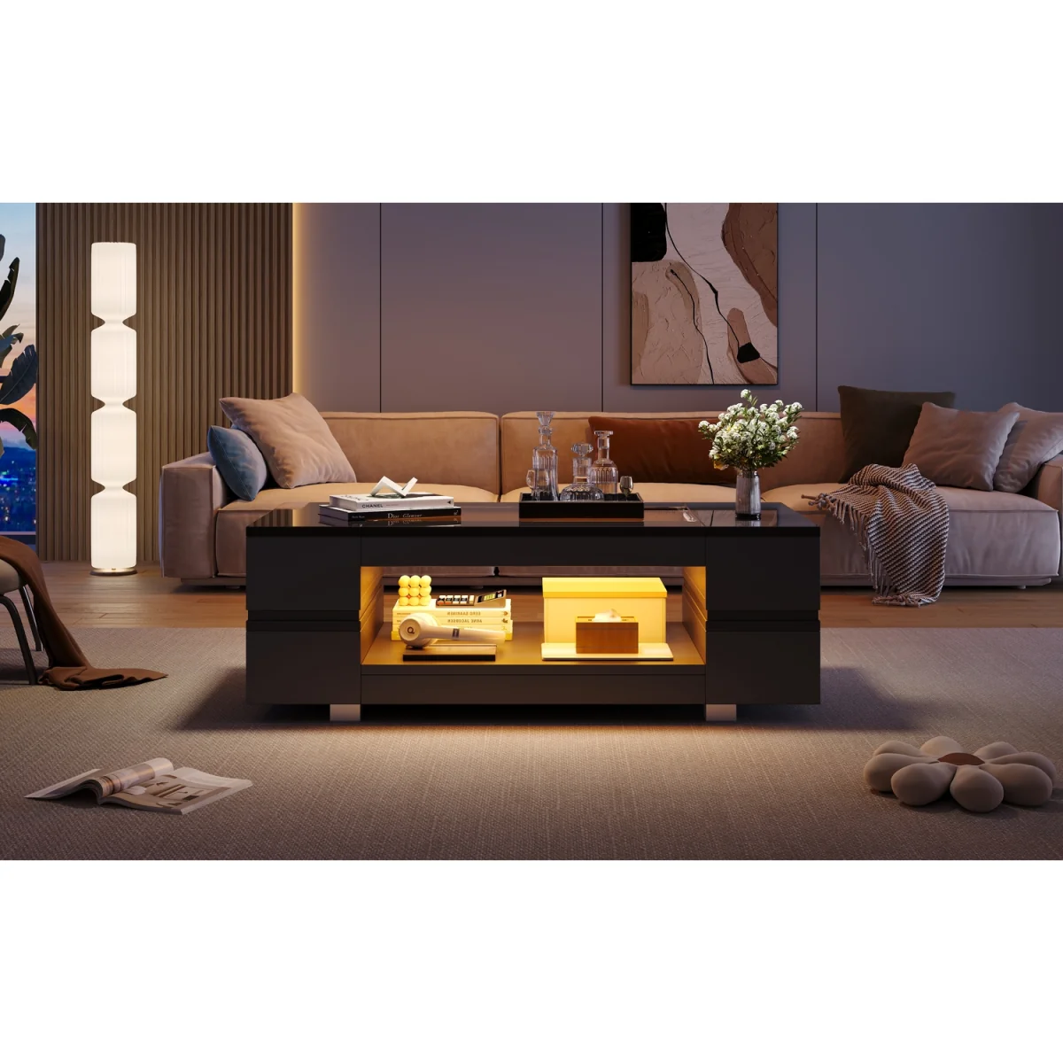 Hollow Coffee Table with Open Storage, LED Lights and Glass Top - Black – image 7