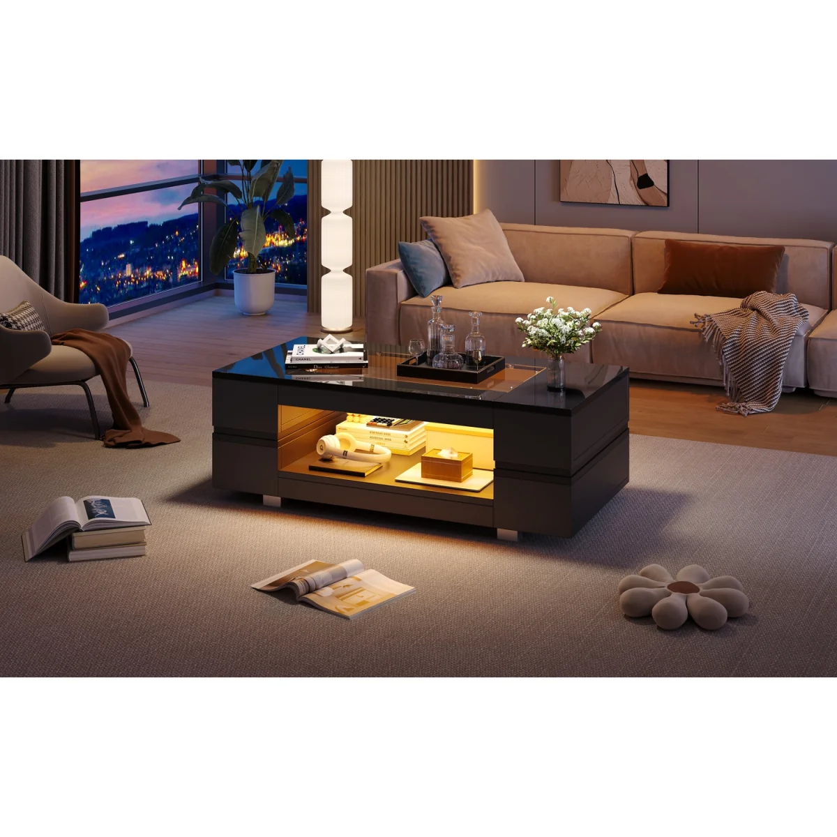 Hollow Coffee Table with Open Storage, LED Lights and Glass Top - Black – image 8