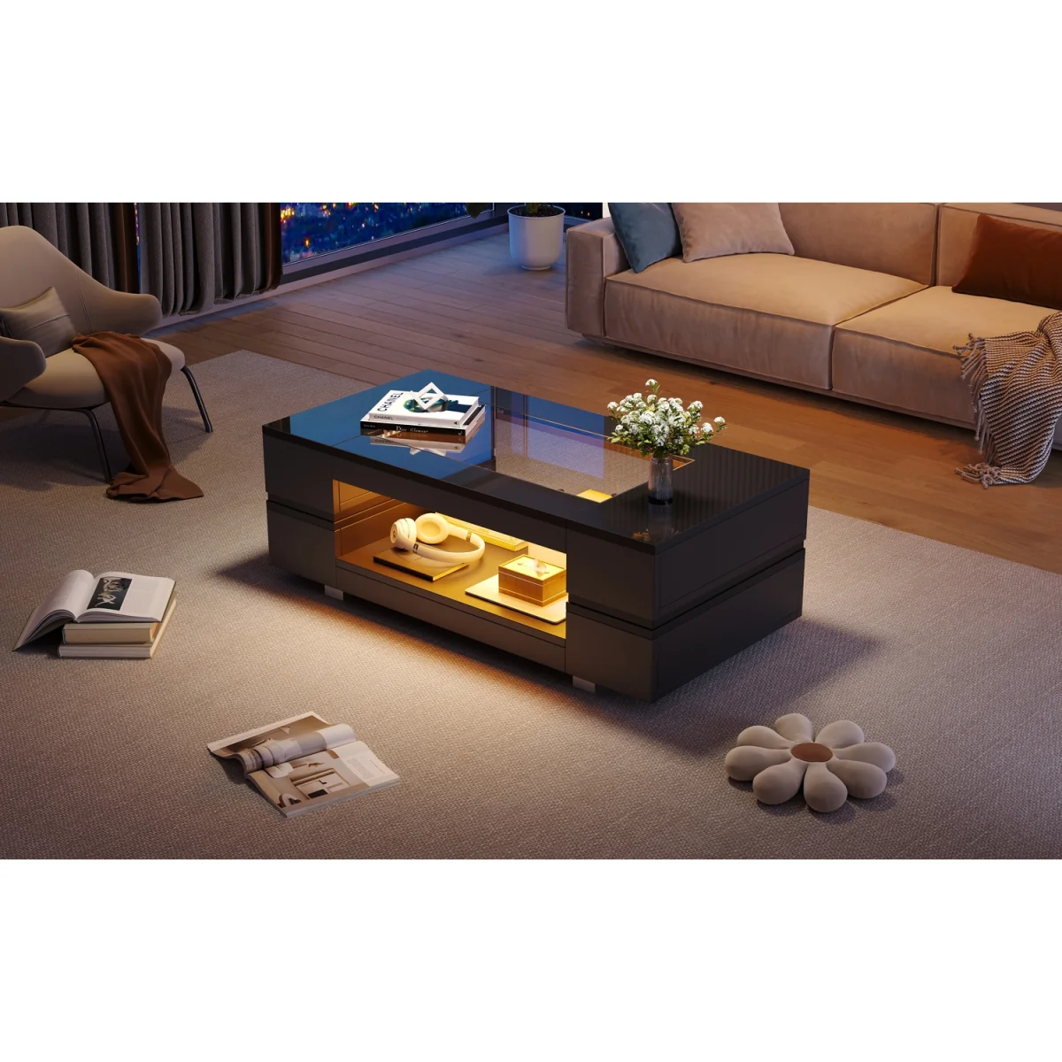 Hollow Coffee Table with Open Storage, LED Lights and Glass Top - Black – image 9