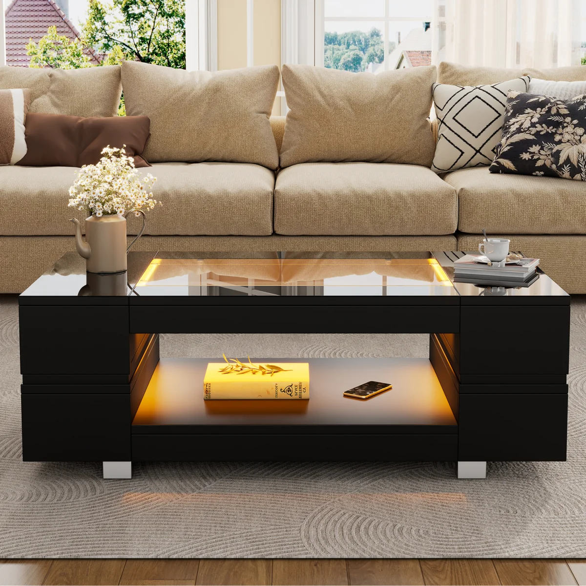 Hollow Coffee Table with Open Storage, LED Lights and Glass Top - Black – image 1
