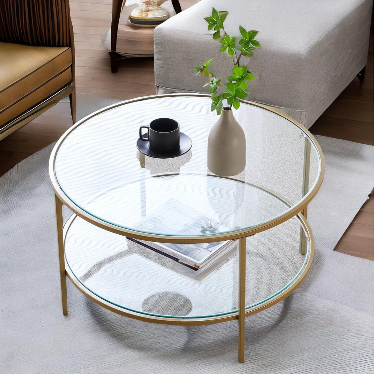 Industrial 2 Tier Round Coffee Table With Tempered Glass - Yellow