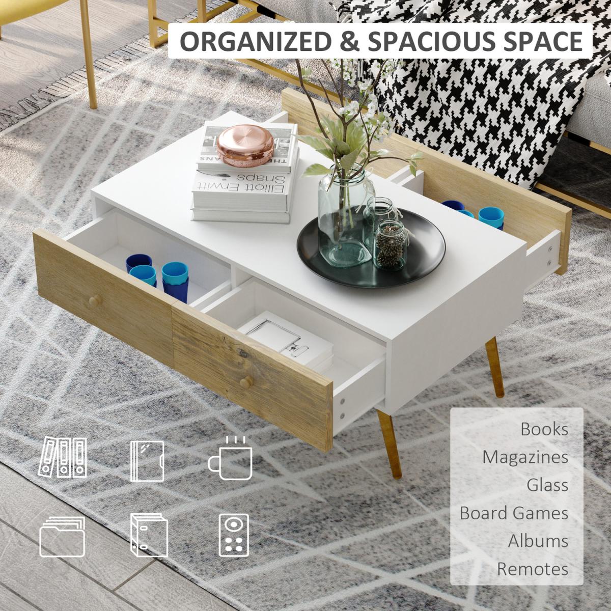 Coffee Table with 4 Drawers - White, Natural Wood Finish – image 6