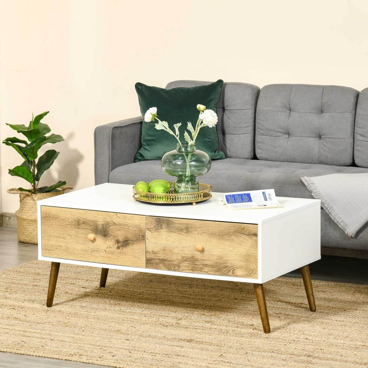 Coffee Table with 4 Drawers - White, Natural Wood Finish – image 9