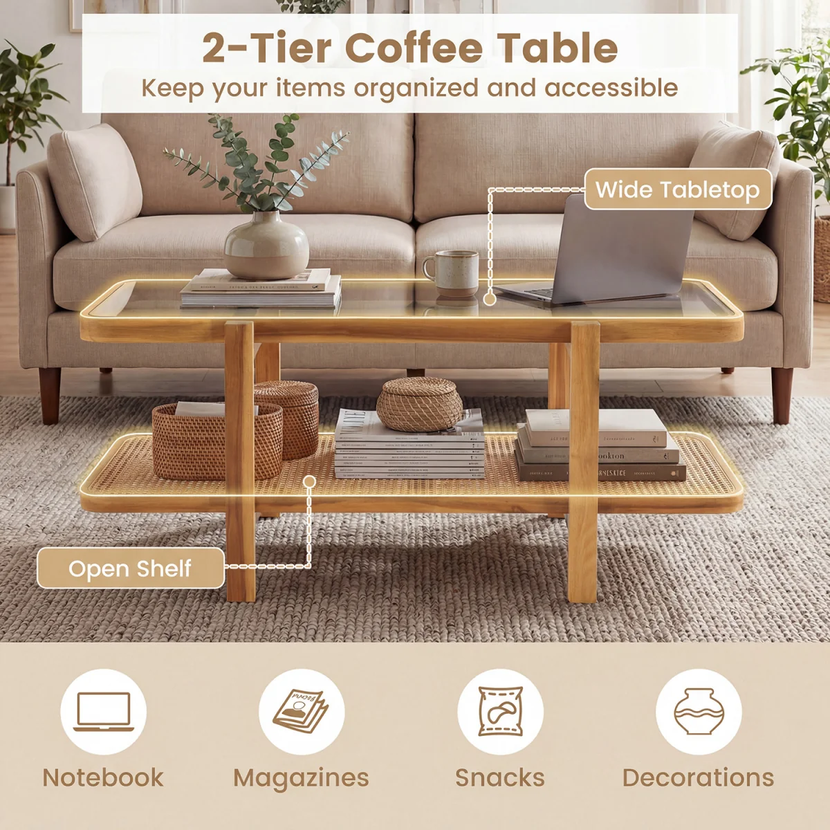 2-Tier Coffee Table with Storage - Brown – image 8