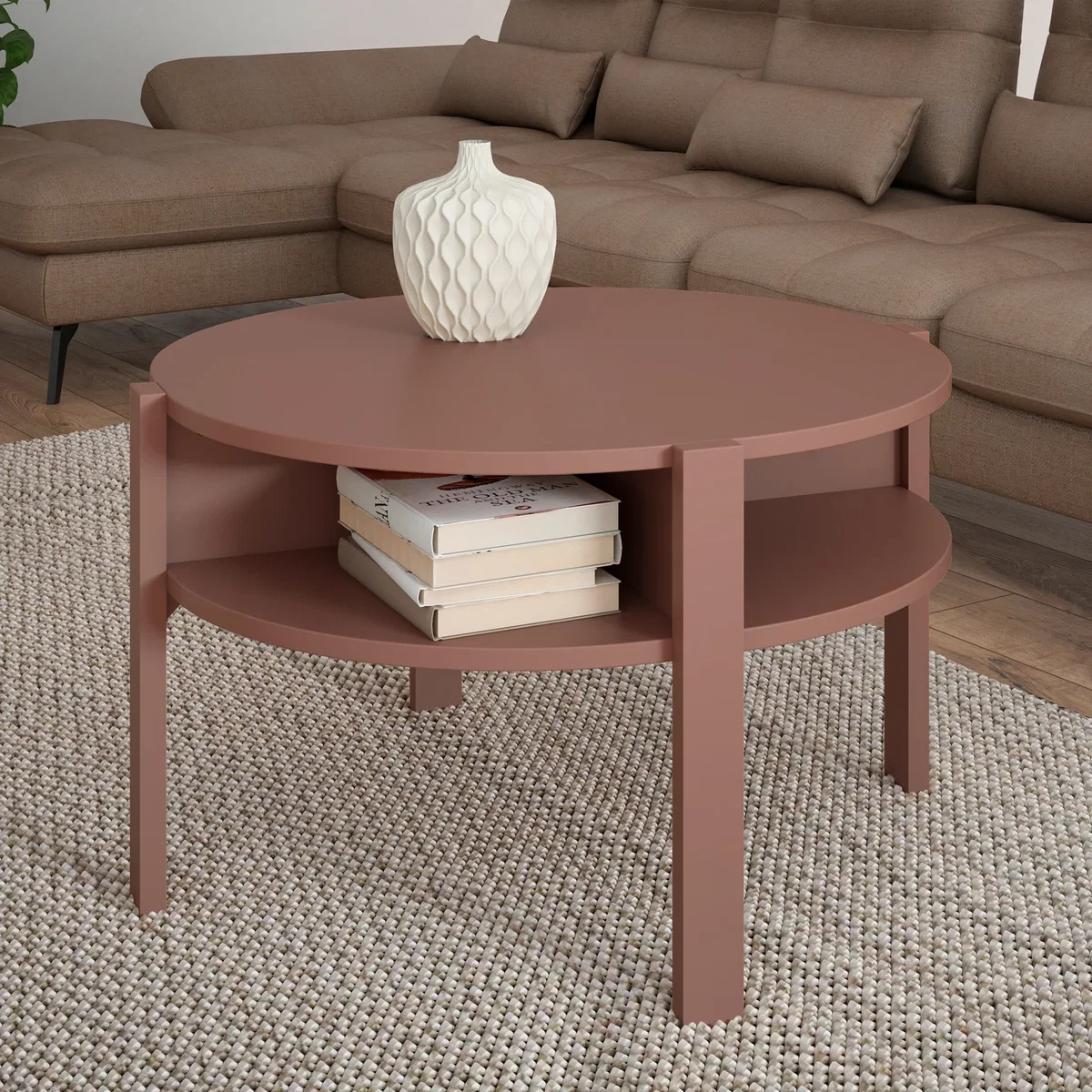Tobago Round Coffee Table with Open Shelf in Terracotta - Terracotta – image 1