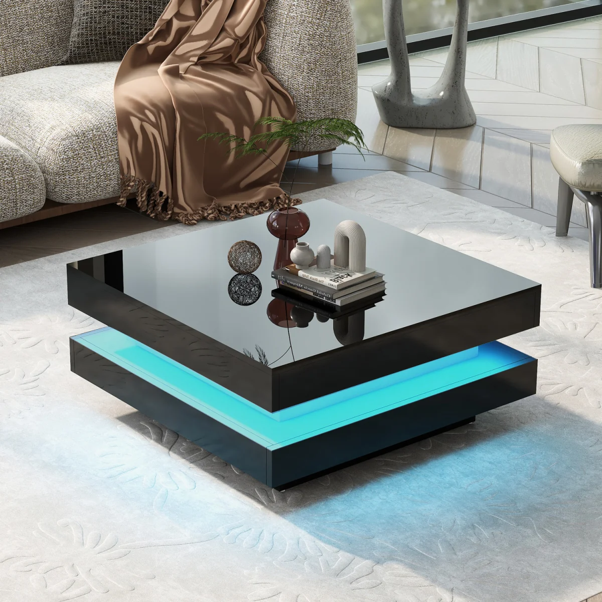 Black Square High Gloss Coffee Table with 360° Rotating Top and LED Lights - Black – image 1