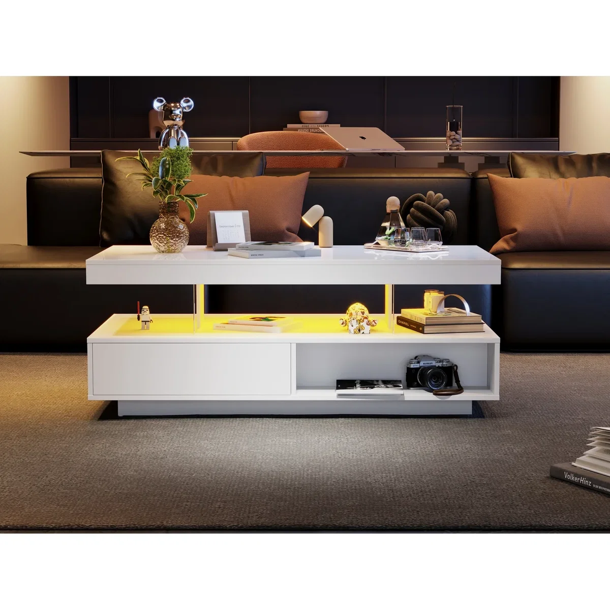 LED Coffee Table with 2 Drawers, Open Storage and 16-Color LED Lights, White - White – image 2