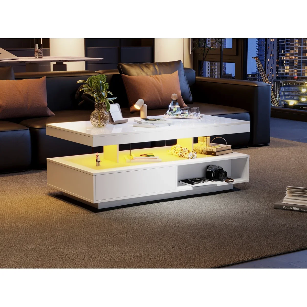 LED Coffee Table with 2 Drawers, Open Storage and 16-Color LED Lights, White - White – image 3