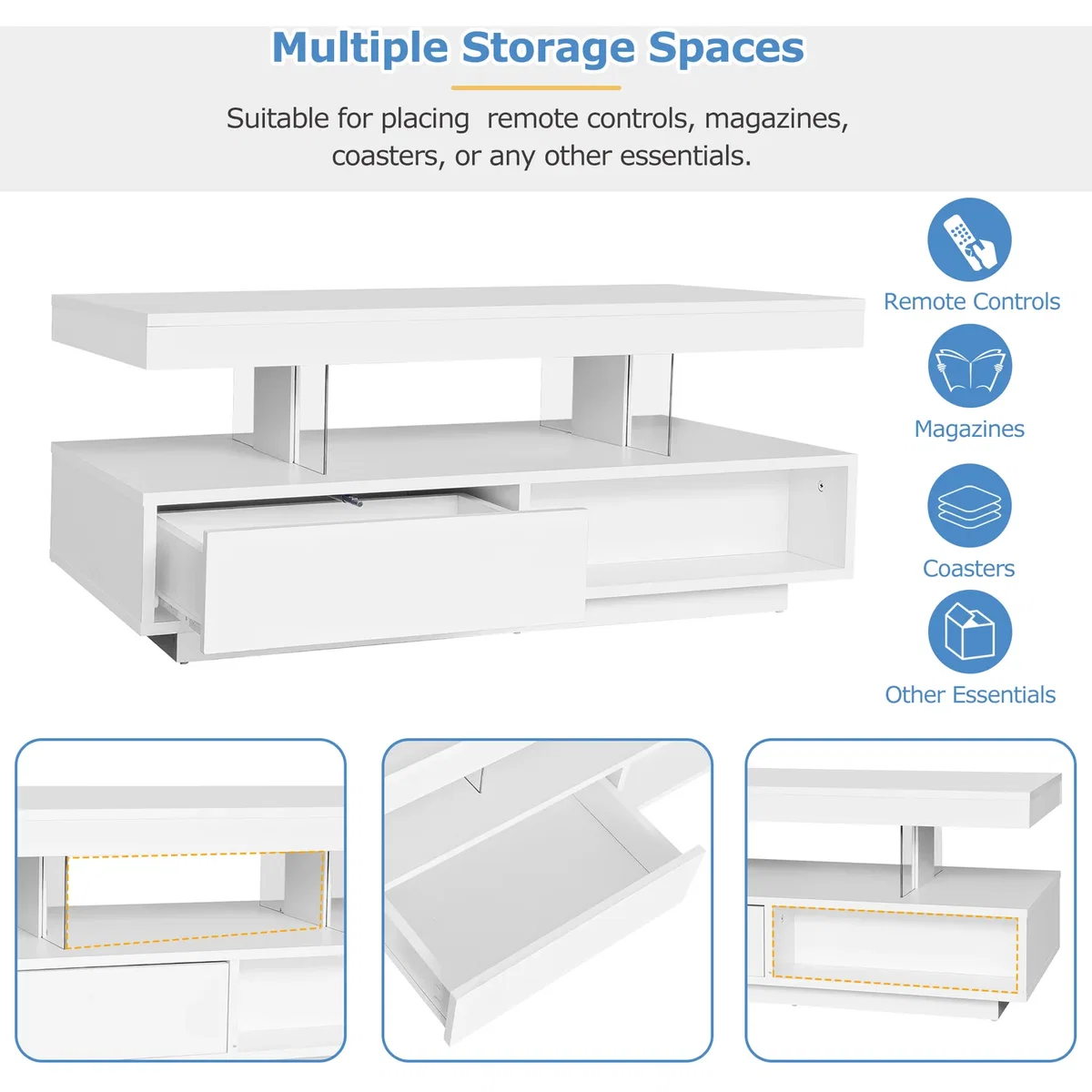 LED Coffee Table with 2 Drawers, Open Storage and 16-Color LED Lights, White - White – image 4