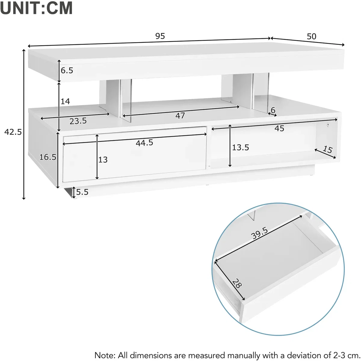 LED Coffee Table with 2 Drawers, Open Storage and 16-Color LED Lights, White - White – image 5