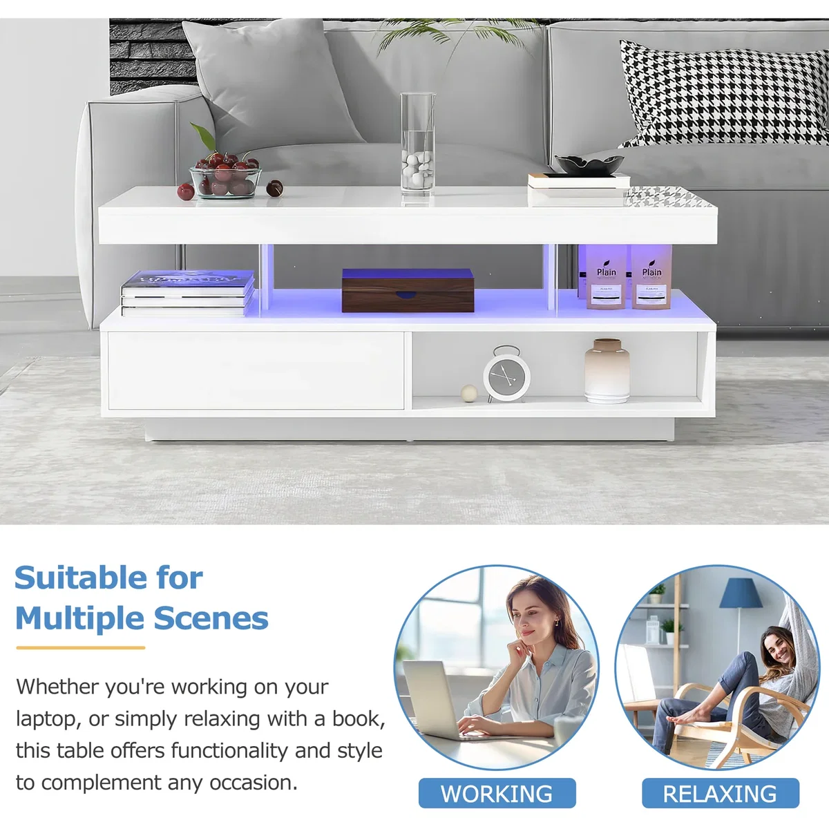 LED Coffee Table with 2 Drawers, Open Storage and 16-Color LED Lights, White - White – image 6