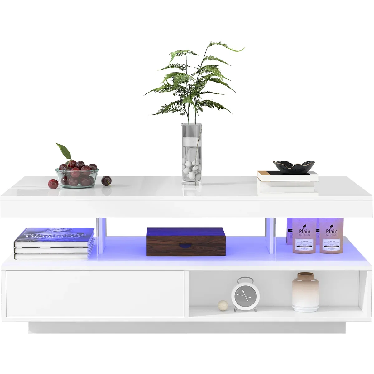LED Coffee Table with 2 Drawers, Open Storage and 16-Color LED Lights, White - White – image 7