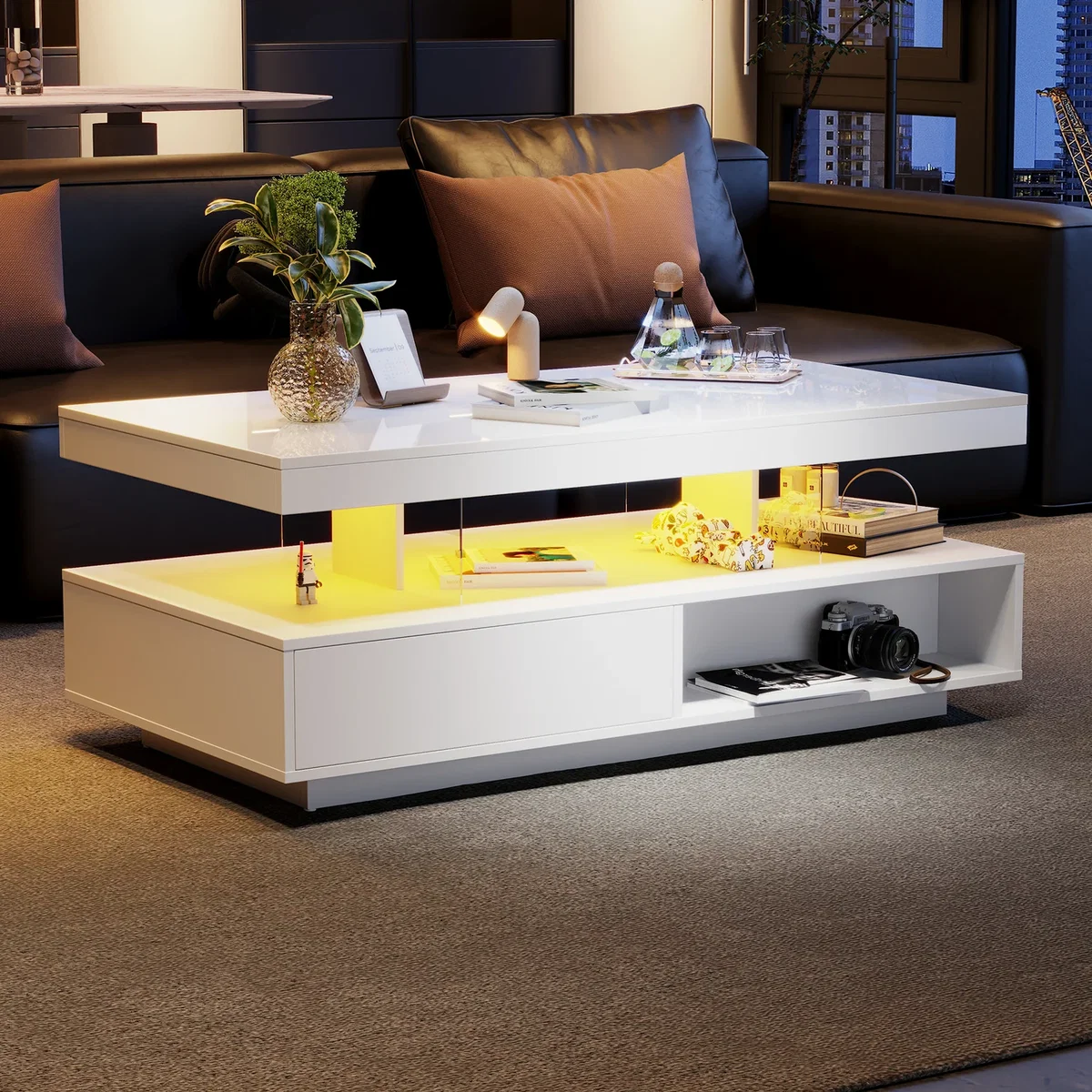 LED Coffee Table with 2 Drawers, Open Storage and 16-Color LED Lights, White - White – image 1