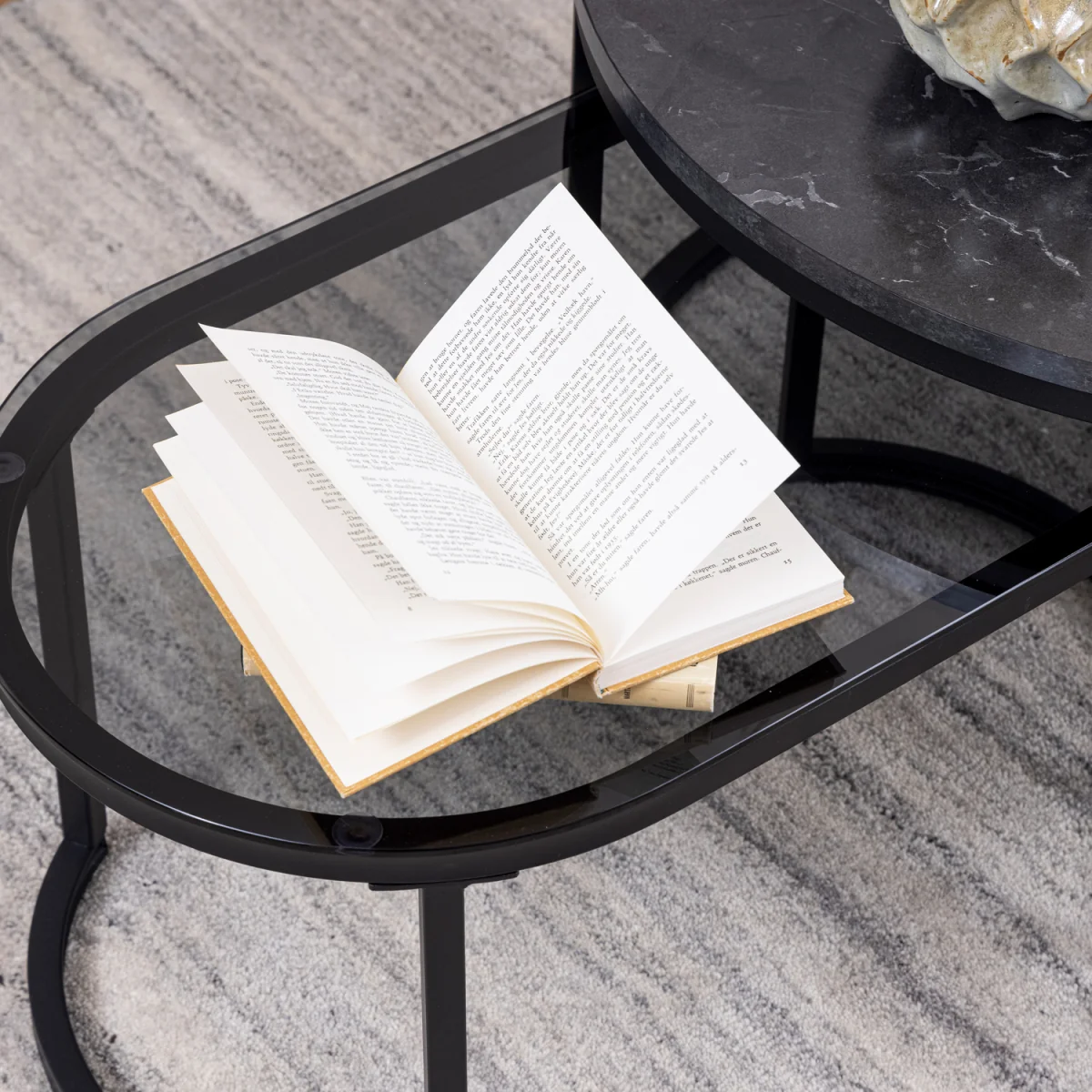Spiro Round/Oval Coffee Table Set with Black Marble/Smoked Melamine Glass Top - Black – image 4