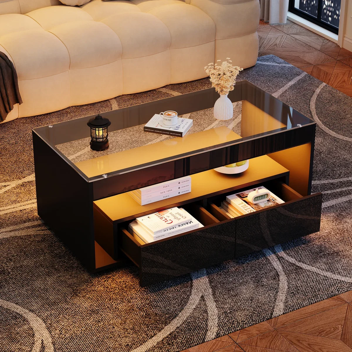 High Gloss Black Coffee Table with Open Storage, Glass Top, 2 Drawers & LED Lights - Black – image 2