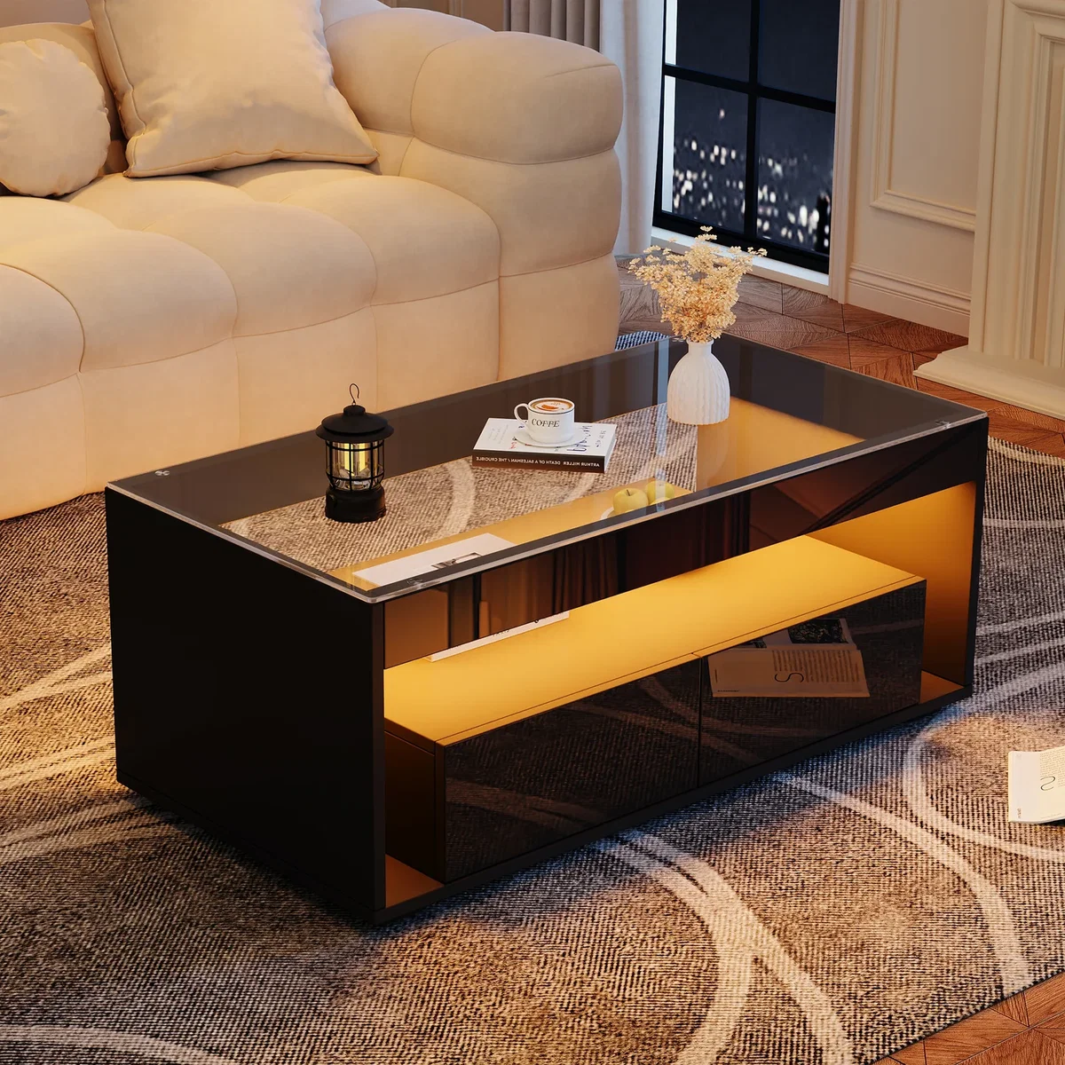 High Gloss Black Coffee Table with Open Storage, Glass Top, 2 Drawers & LED Lights - Black – image 3