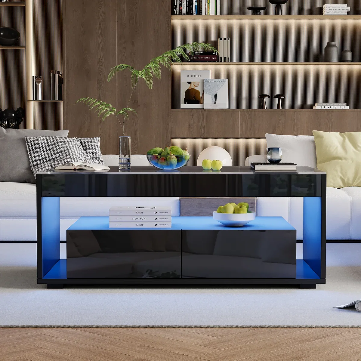 High Gloss Black Coffee Table with Open Storage, Glass Top, 2 Drawers & LED Lights - Black – image 4
