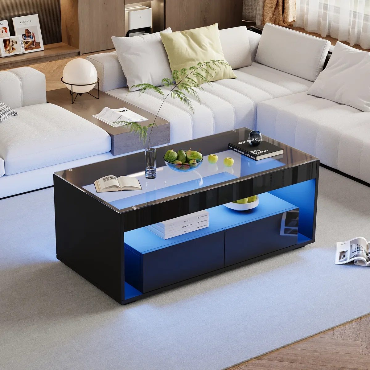 High Gloss Black Coffee Table with Open Storage, Glass Top, 2 Drawers & LED Lights - Black – image 5