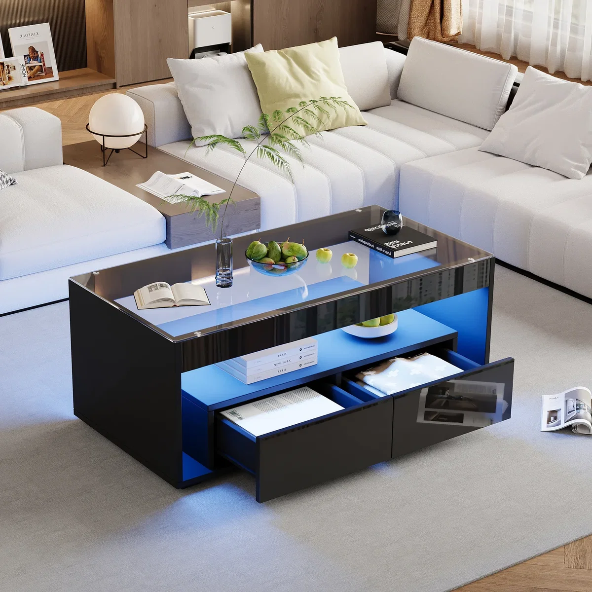 High Gloss Black Coffee Table with Open Storage, Glass Top, 2 Drawers & LED Lights - Black – image 6