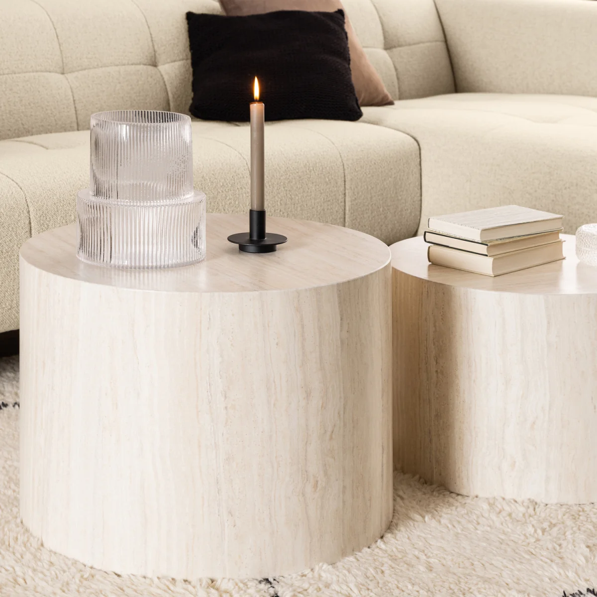 Dice Round Coffee Table Set in Light Travertine Effect - Travertine – image 5