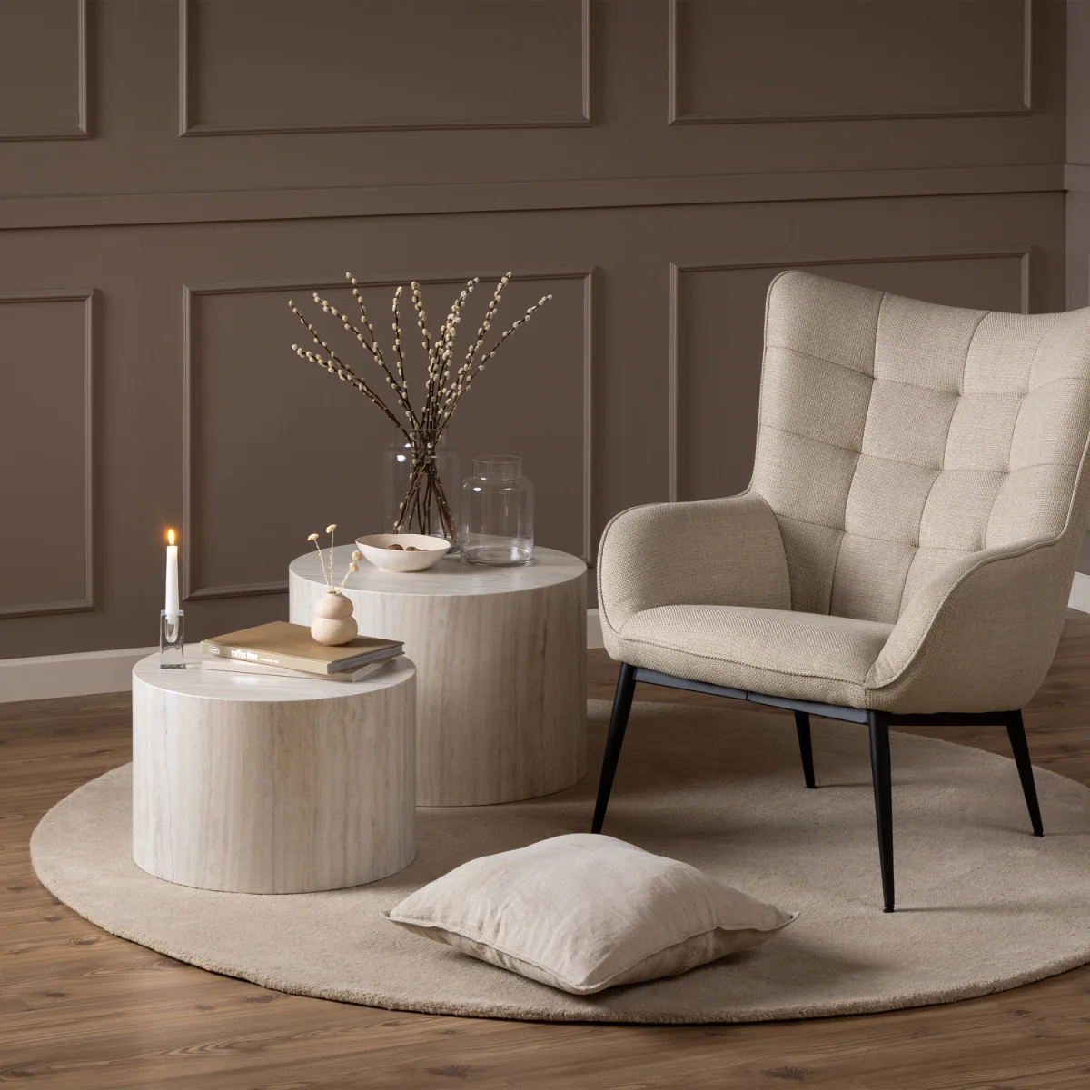 Dice Round Coffee Table Set in Light Travertine Effect - Travertine – image 6