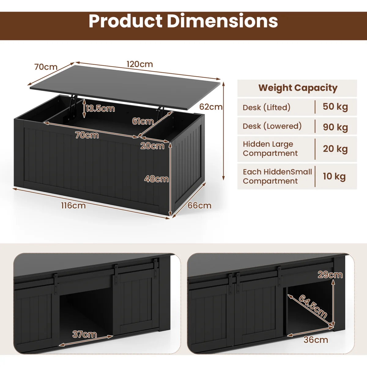 Costway Farmhouse Lift Top Coffee Table A - Black – image 2