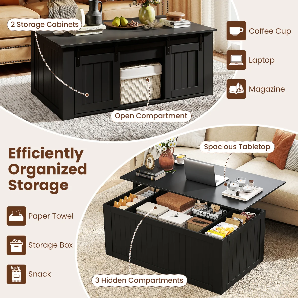 Costway Farmhouse Lift Top Coffee Table A - Black – image 7