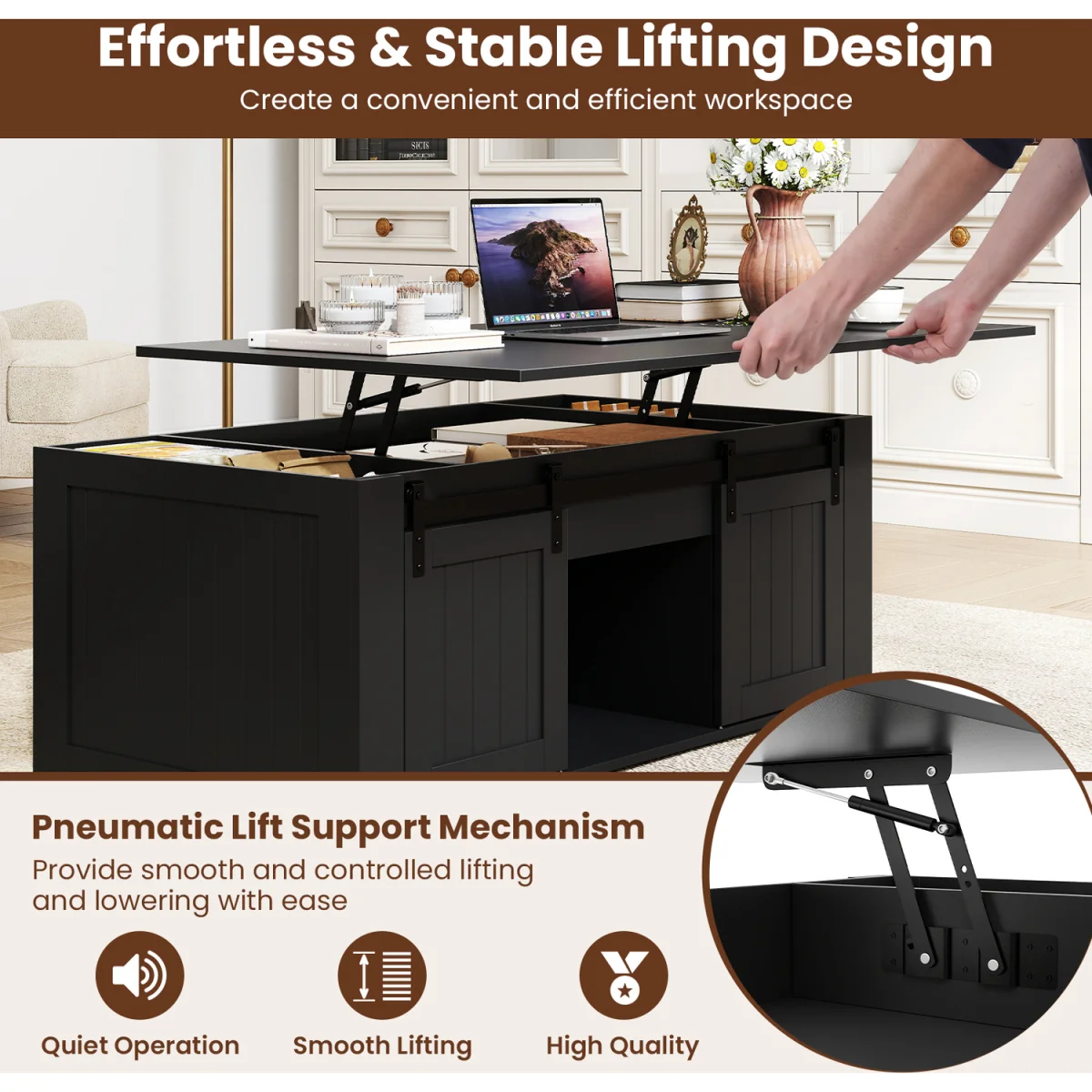 Costway Farmhouse Lift Top Coffee Table A - Black – image 8