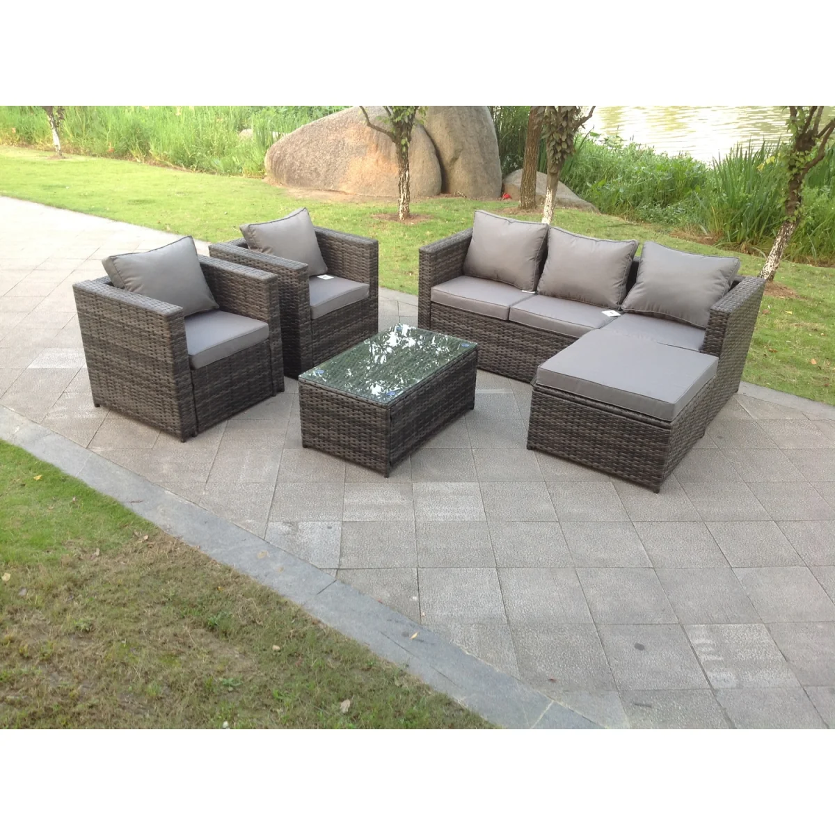 6 Seats Rattan Sofa Set Oblong Coffee Table Chair Set – image 2