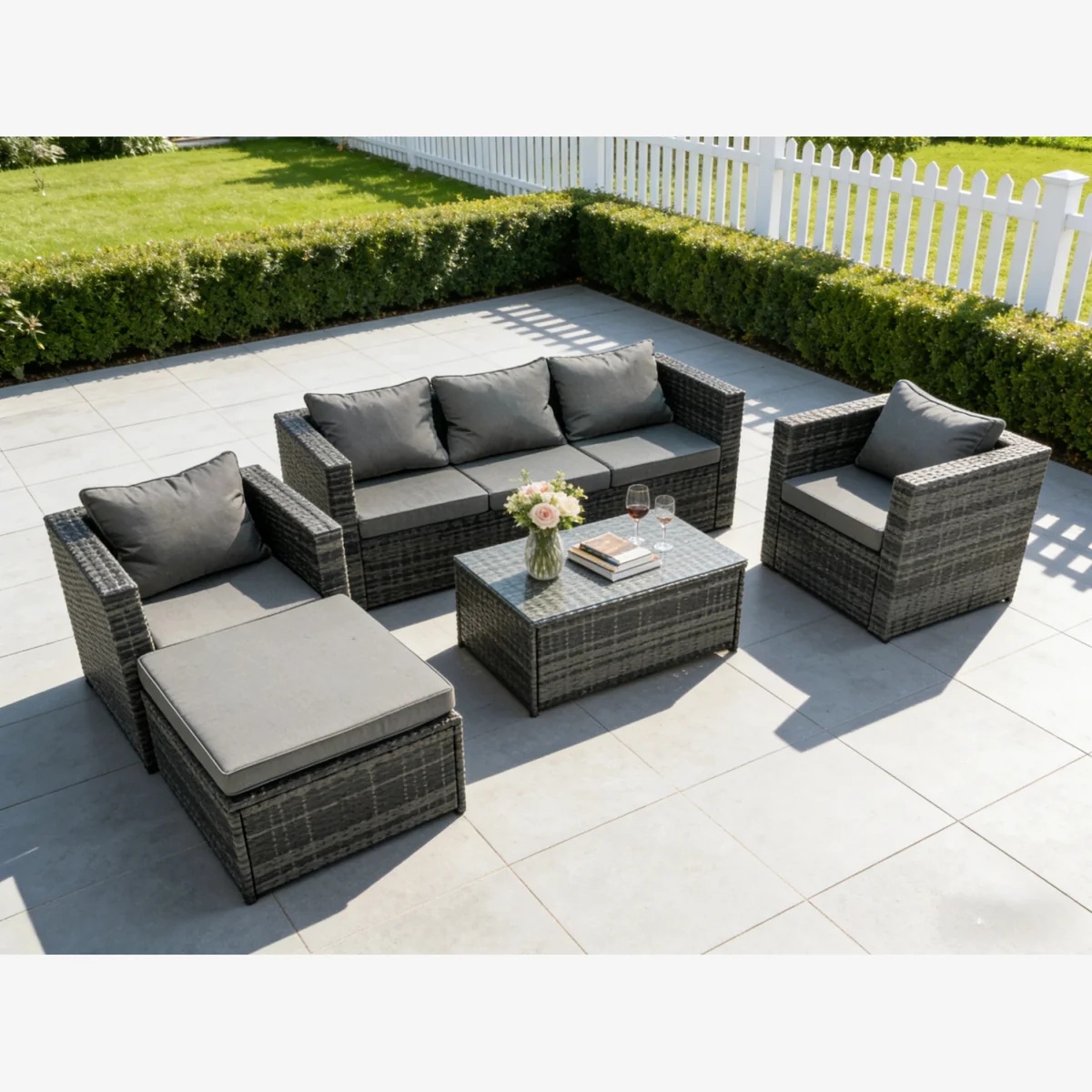6 Seats Rattan Sofa Set Oblong Coffee Table Chair Set – image 1
