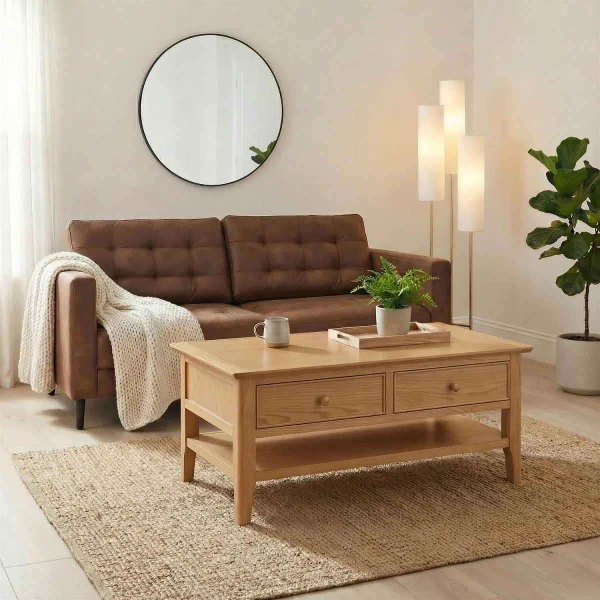 Belle 2 Drawer Rectangular Solid Wood Coffee Table - Oak – image 1